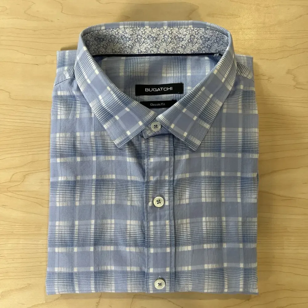Bugatchi White & Blue Plaid Casual Button Down Shirt - Size Large - Classic Fit